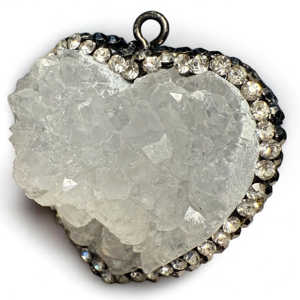 Raw Quartz Crystal Heart Pendant with Rhinestone Border